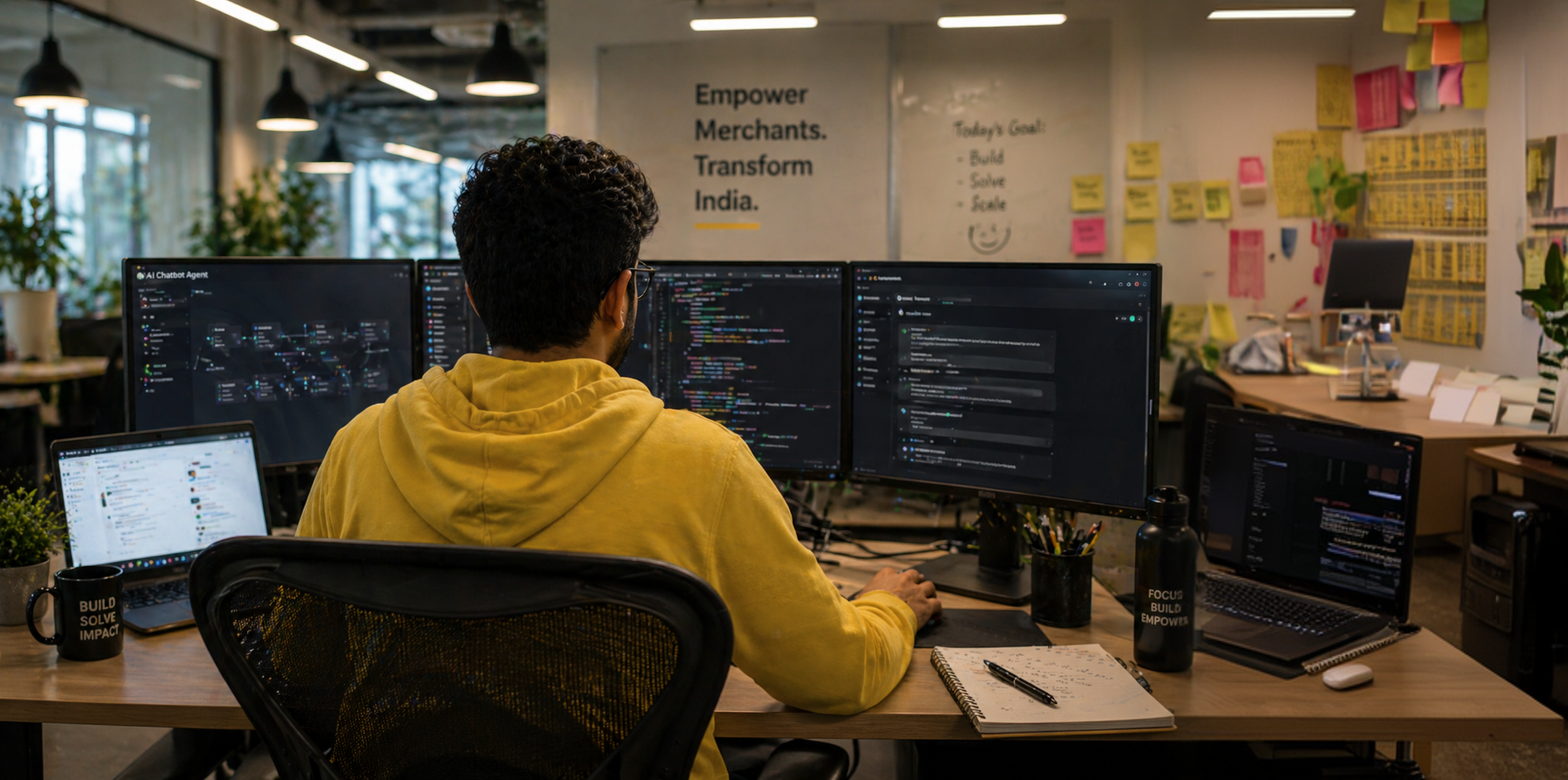 Engineer working on AI tools at a multi-screen desk